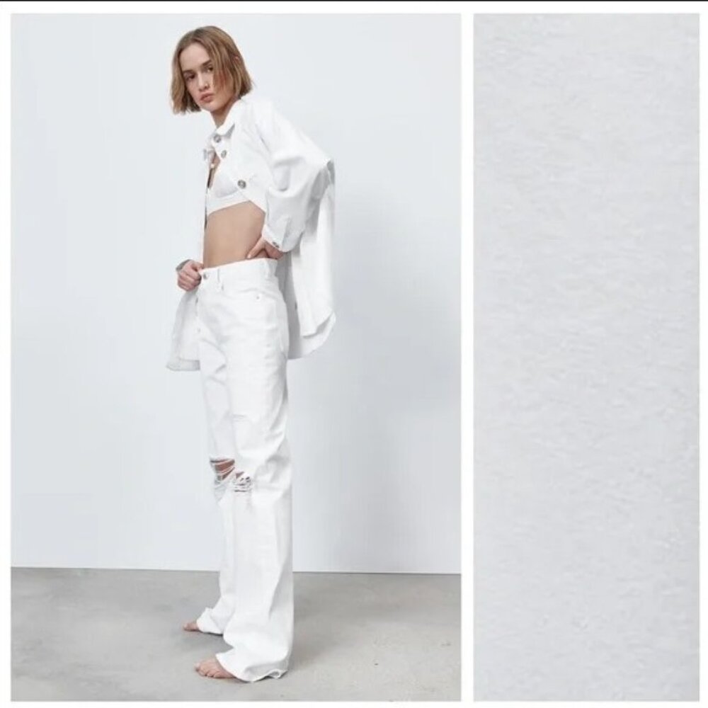 NWT Zara White Wide Leg Full Length Ripped Jeans SZ 8 Super High Rise Distressed - Picture 4 of 12